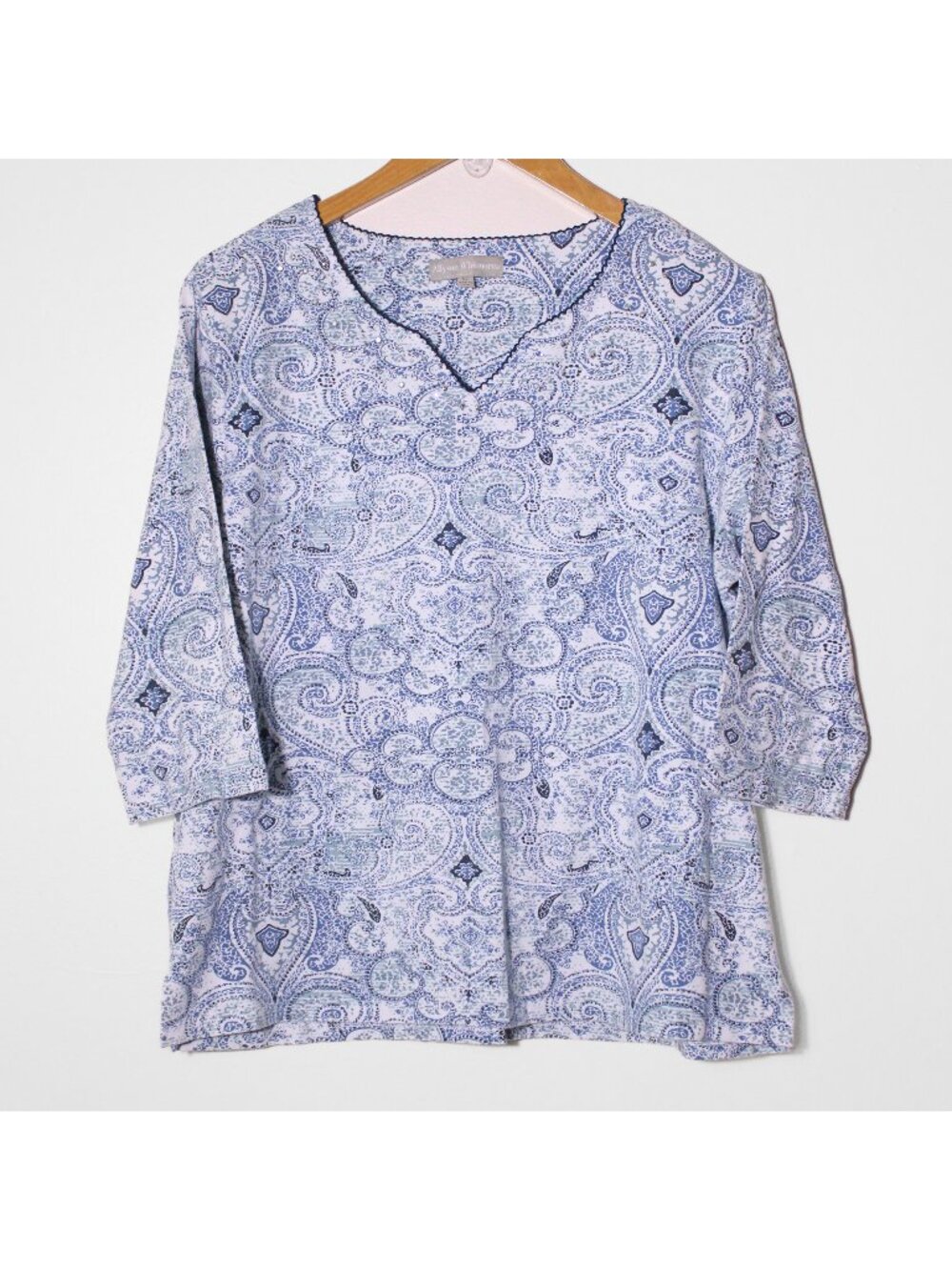 Allyson Whitmore Paisley Print Cotton Blend Embellished Top 3/4 Sleeve Blue XL